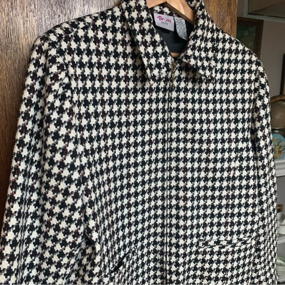 TanJay Jacket houndstooth Wool Long Sleeves Full Zip Coat Women Size 14 - Picture 2 of 8